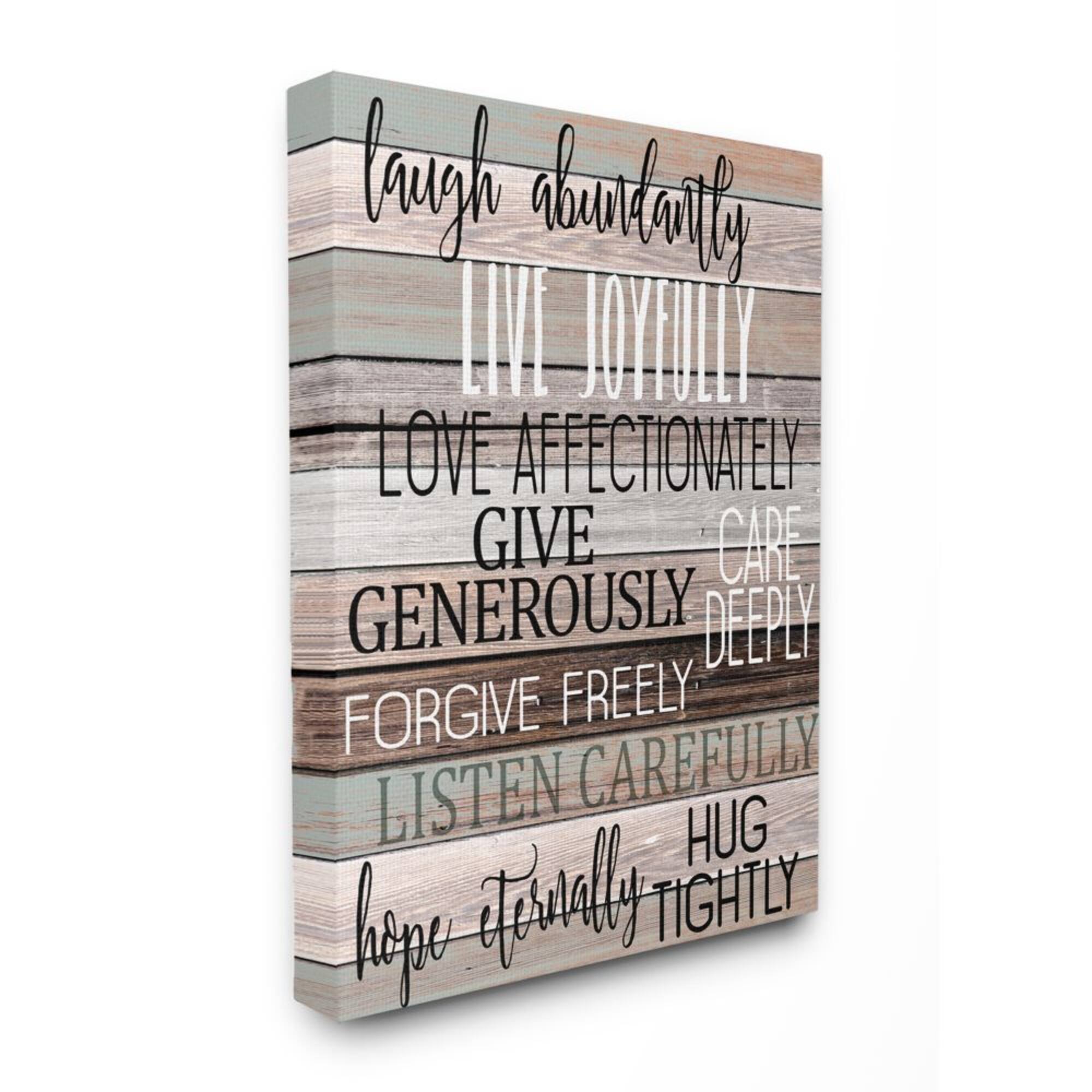 Stupell Industries Live Joyfully Phrases on Wood Grain Brown Tan Teal Canvas Wall Art